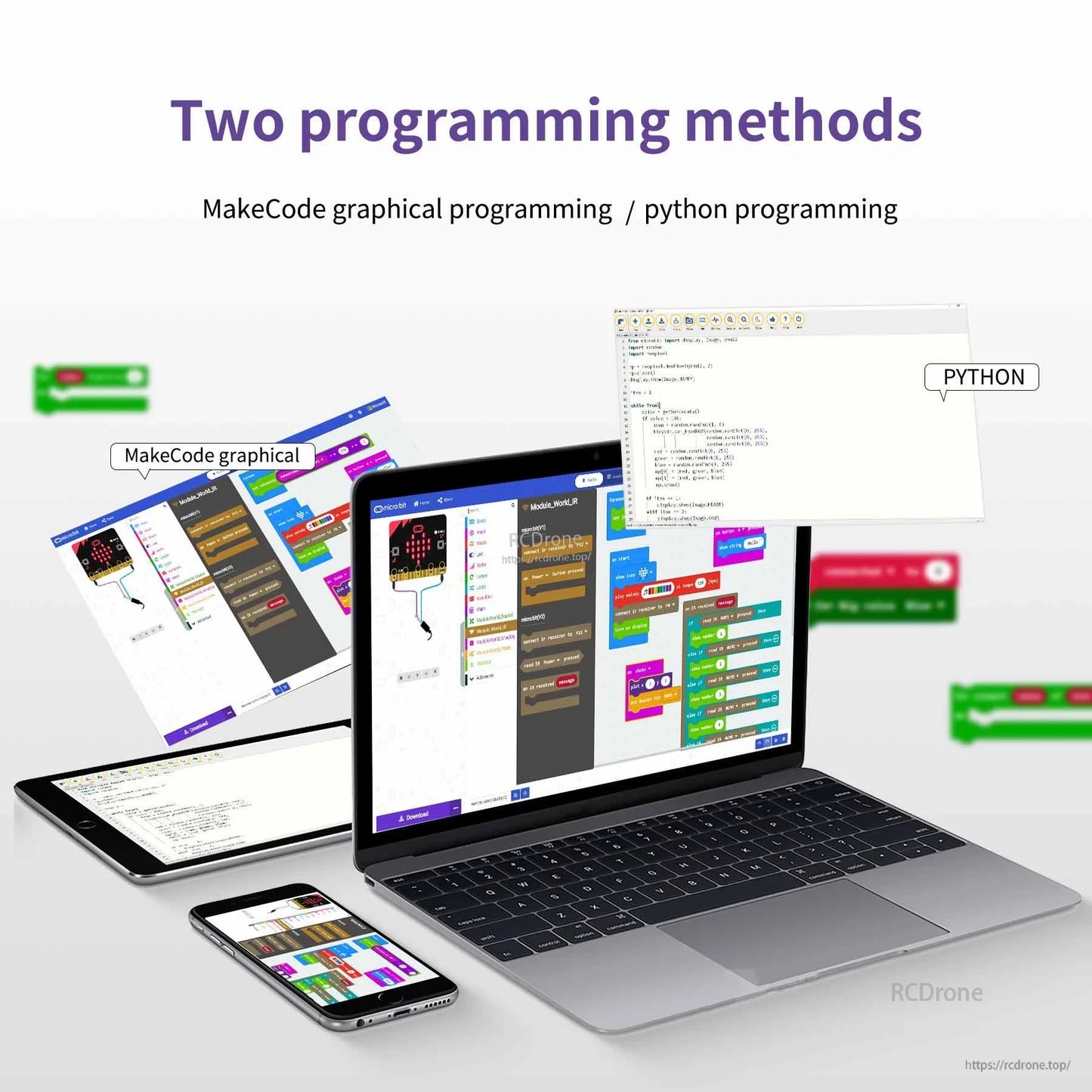 MakeCode and Python programming methods shown on laptop, tablet and phone for micro:bit projects