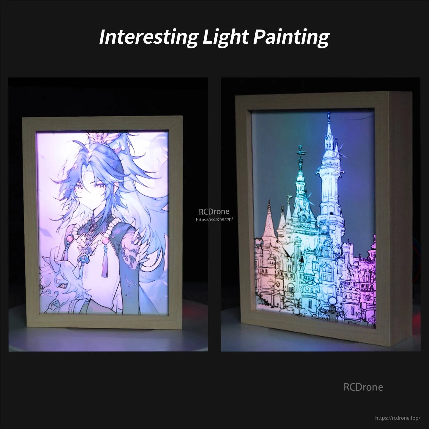 Light painting example using RGB LED bar to illuminate framed artwork with color gradient effect