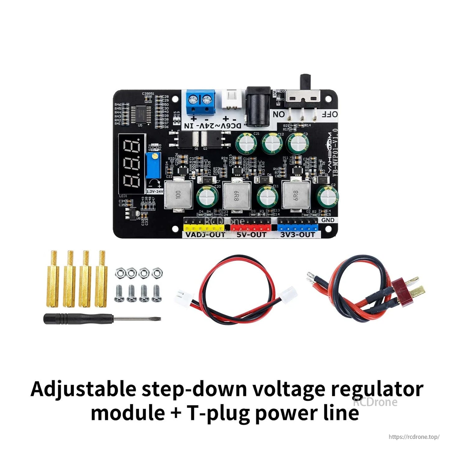 Kit with T-plug power lead: step-down regulator module plus standoffs, screws, screwdriver, and power cables