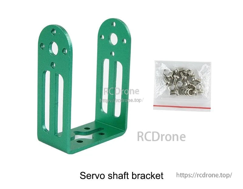 Green servo shaft bracket (L-shaped) with mounting holes and included screw set