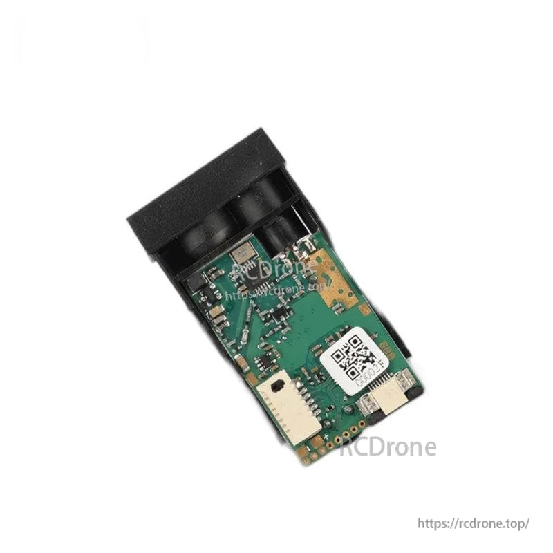 Underside circuit board view with QR label and connector socket on laser ranging module