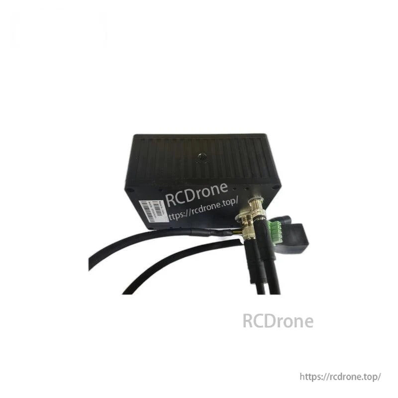 LiDAR sensor module with cables connected to metal circular port and green terminal block connector
