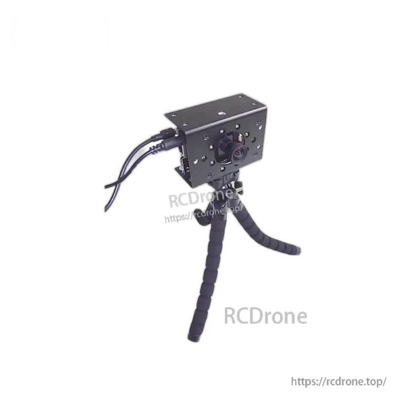 Depth camera module on tripod showing side/rear with dual cables plugged in and screw-hole housing