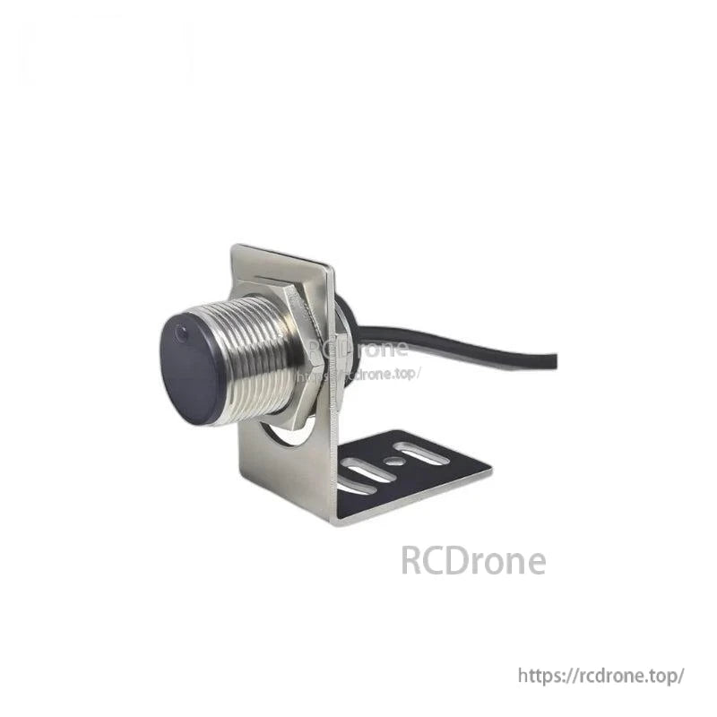 Cylindrical laser ranging sensor module on adjustable metal bracket with cable, side angle