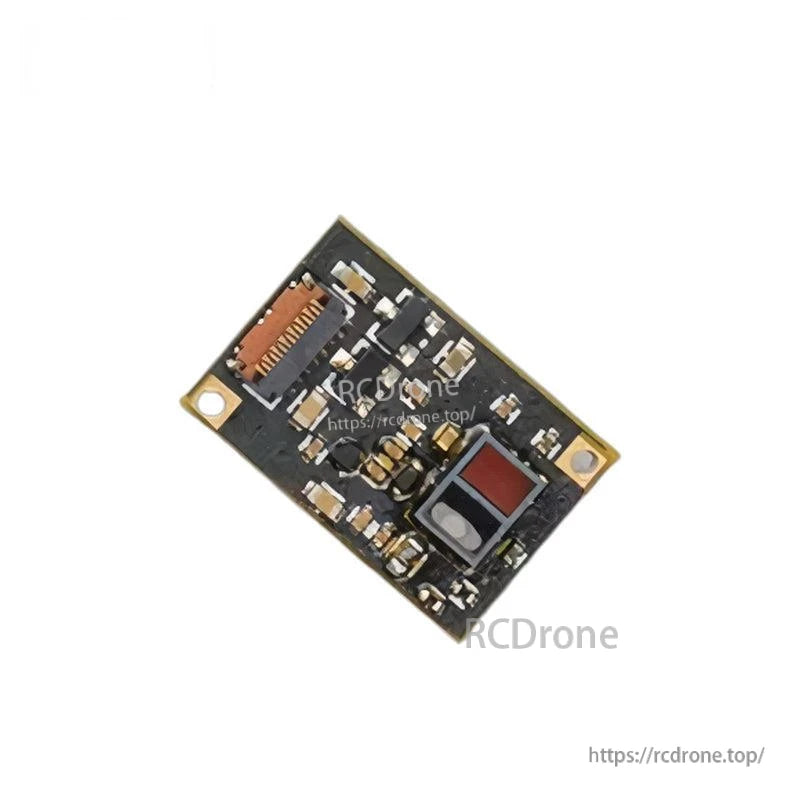 Angled view of TOF sensor PCB with flex connector and optical module, showing component placement