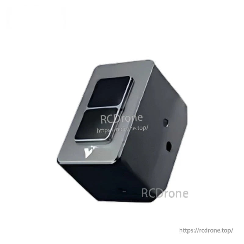 Angled side view of LiDAR sensor showing front window and side mounting holes on black housing