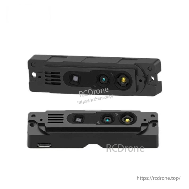 Front and side views of iHawk072 structured light RGB-D camera, showing lens array and side connector port