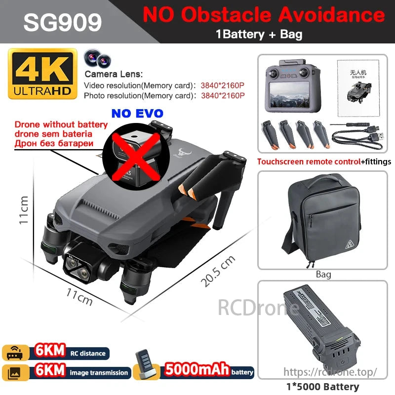 ZLL SG909 MAX GPS Drone, SG909 drone: 4K camera, 3840x2160P resolution, touchscreen remote, no obstacle avoidance, 6KM RC distance, 5000mAh battery (not included), 11cm x 20.5cm size.