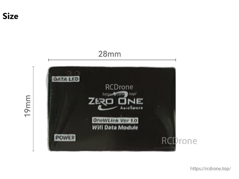 ZeroOne OneWLink WiFi DataLink 2.4G UDP Telemetry, ZeroOne AeroSpace OneWLink v1.0: 28mm x 19mm WiFi telemetry module with DATA and POWER LEDs.