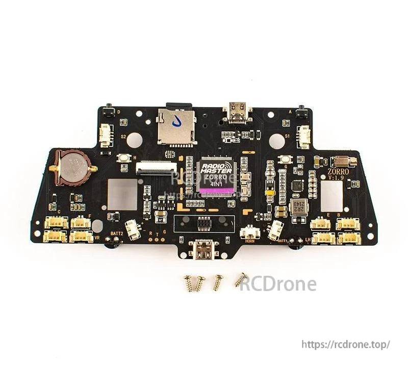 Zorro main board replacement PCB shown top-side with components, ports and included mounting screws