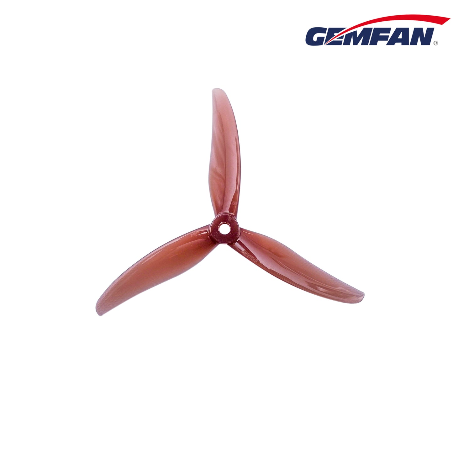 Red translucent Gemfan 3-blade propeller, top view with Gemfan logo