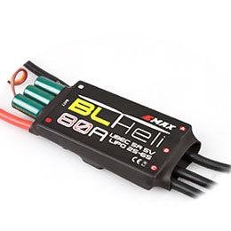 EMAX BLHeli Series 80A UBEC ESC with built-in capacitors and power/phase wires, angled top view