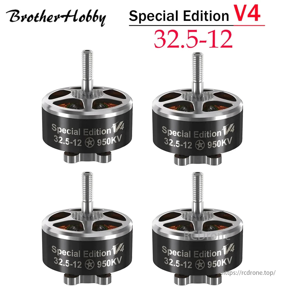 BrotherHobby V4 32.5-12 brushless motor for FPV drones, 950KV, fits 9–13 inch models.