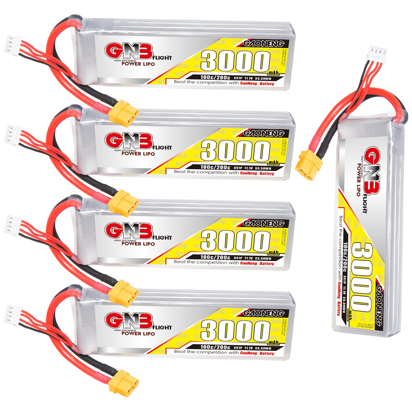 Five GNB 3000mAh LiPo batteries shown together, four horizontal plus one vertical, with XT60 plugs