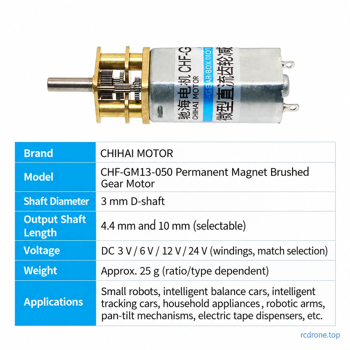 Shared motor side view and specifications