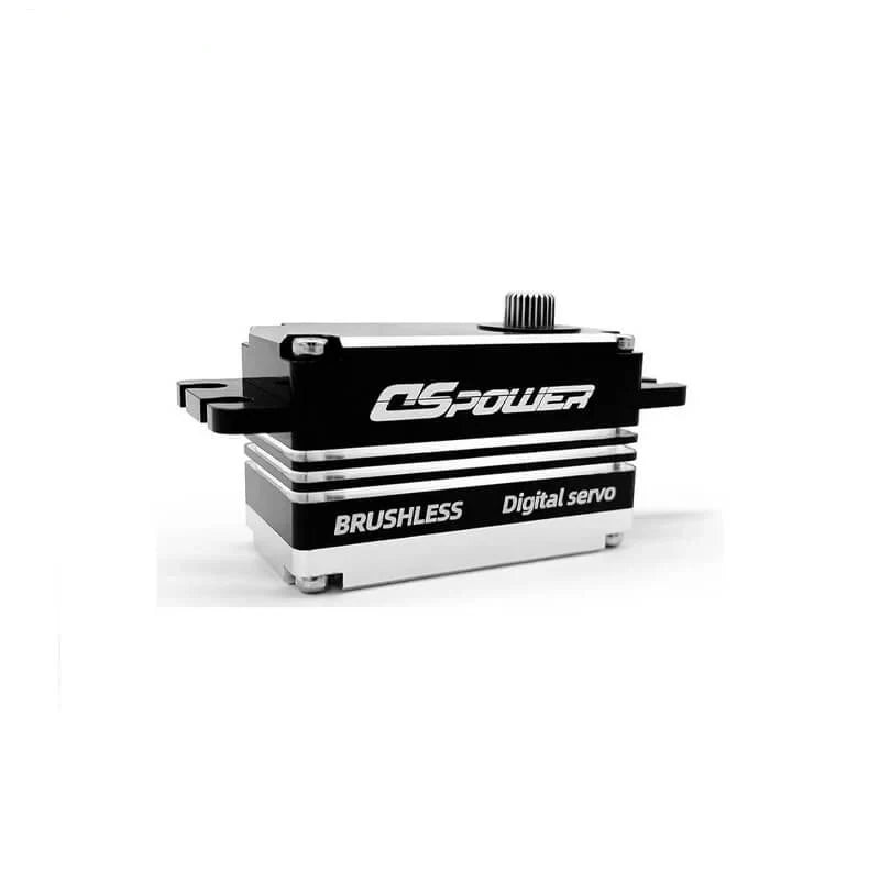DSpower DS-B011-C black and silver servo motor in a low side view, showing its mounting tabs and splined output shaft.