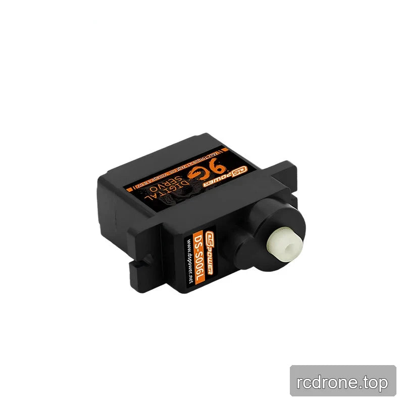 Angled horizontal view of DSpower DS-S006L digital servo, showing output shaft, side label, and top label.