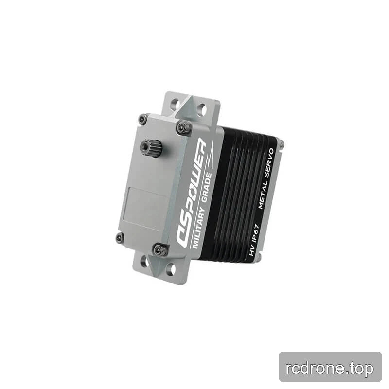 Rear angled view of the DSpower DS-W005A servo showing its back cover, output shaft, mounting holes, and ribbed case.