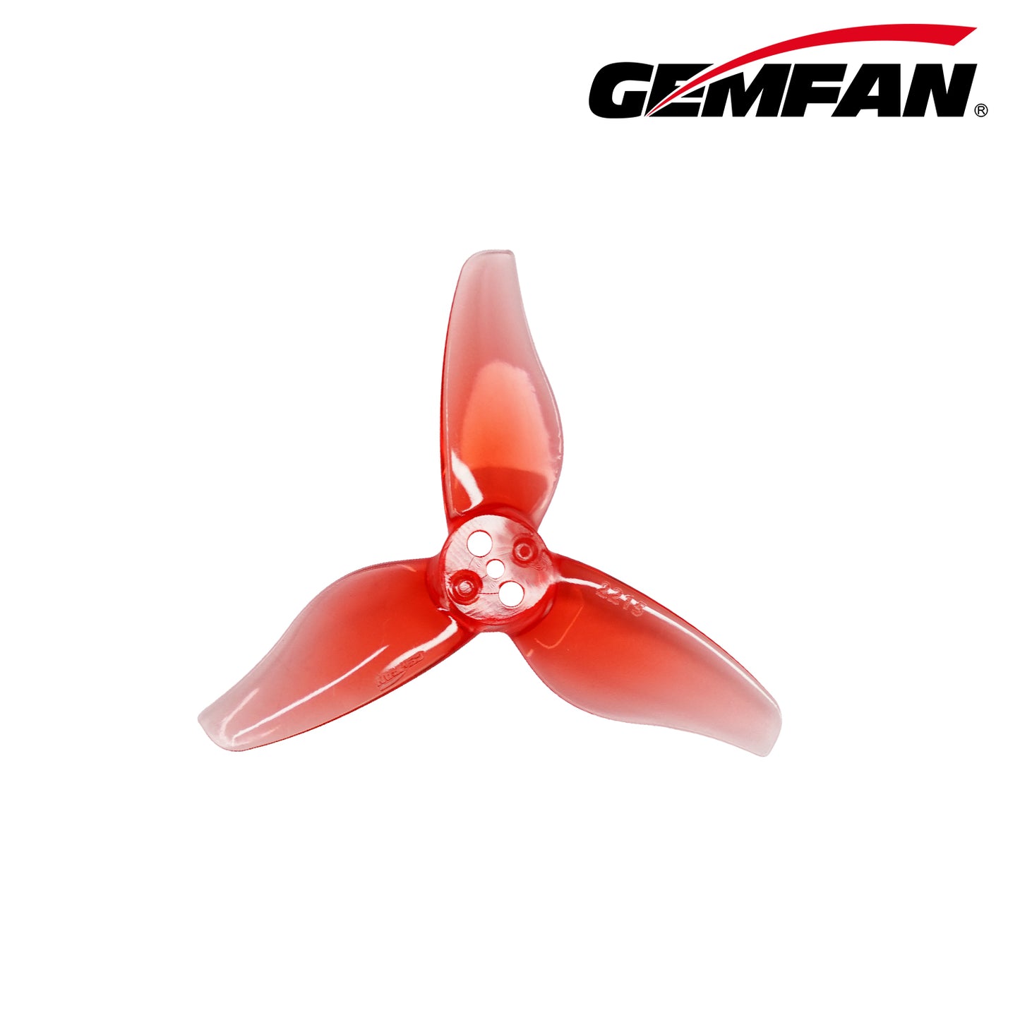 Single translucent red 3-blade propeller with GEMFAN logo, top view