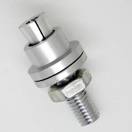 5mm shaft adapter with threaded stud and hex nut, silver metal coupling on white background