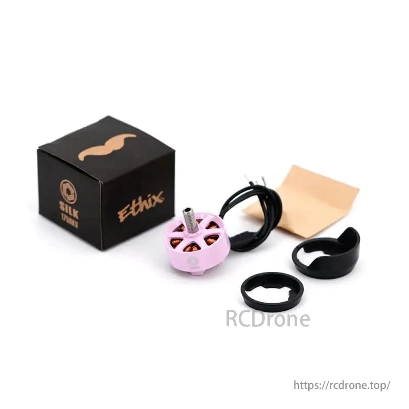 ETHiX Mr Steele Silk V5 2307 1750KV 6S brushless motor for 5-inch FPV freestyle racing drones, includes packaging and accessories.