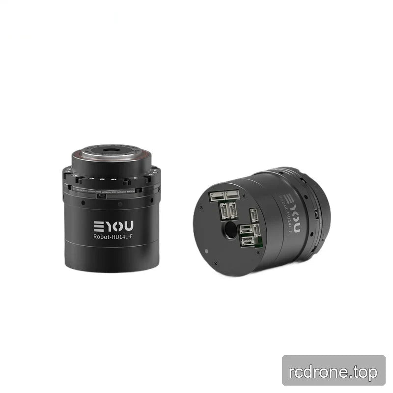 Two views of the black EYOU Robot-HU14L-F motor, showing the top mounting surface and rear connector face.