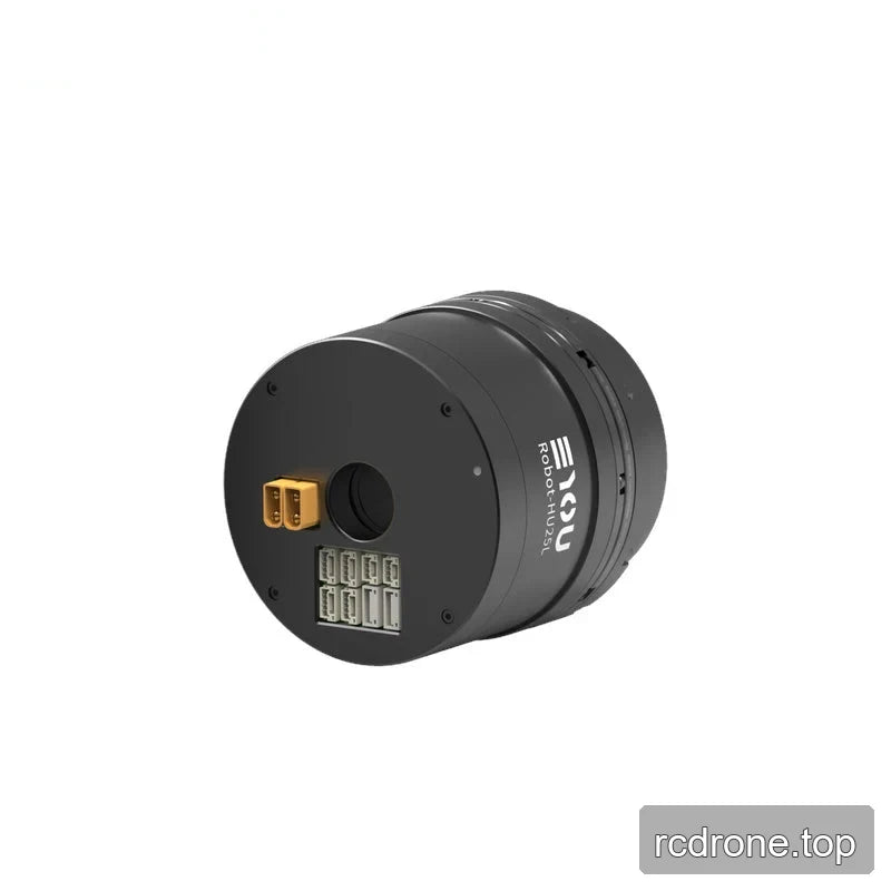 Angled end view of a black EYOU Robot-HU25L motor housing with a circular opening and grouped electrical connectors.