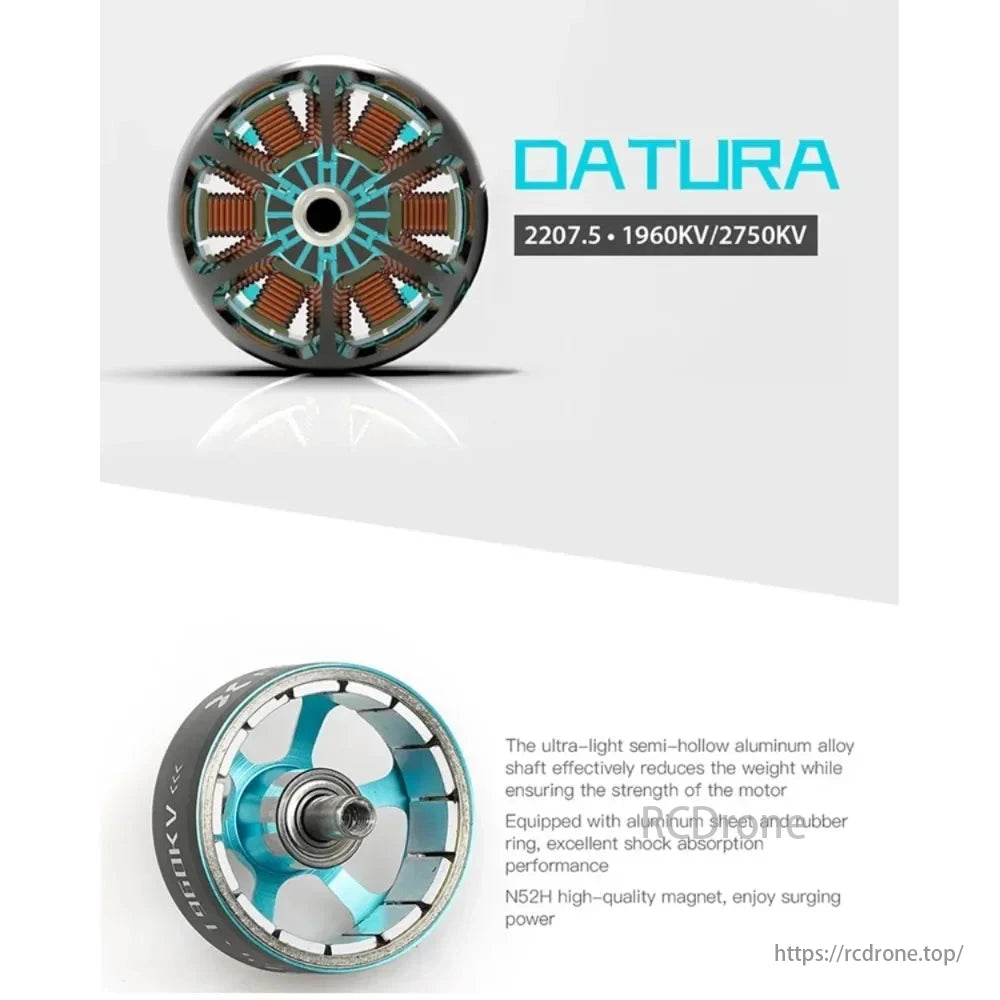 DATURA 2207.5 motor for FPV drones features lightweight design, shock absorption, and N52H magnet for powerful performance.
