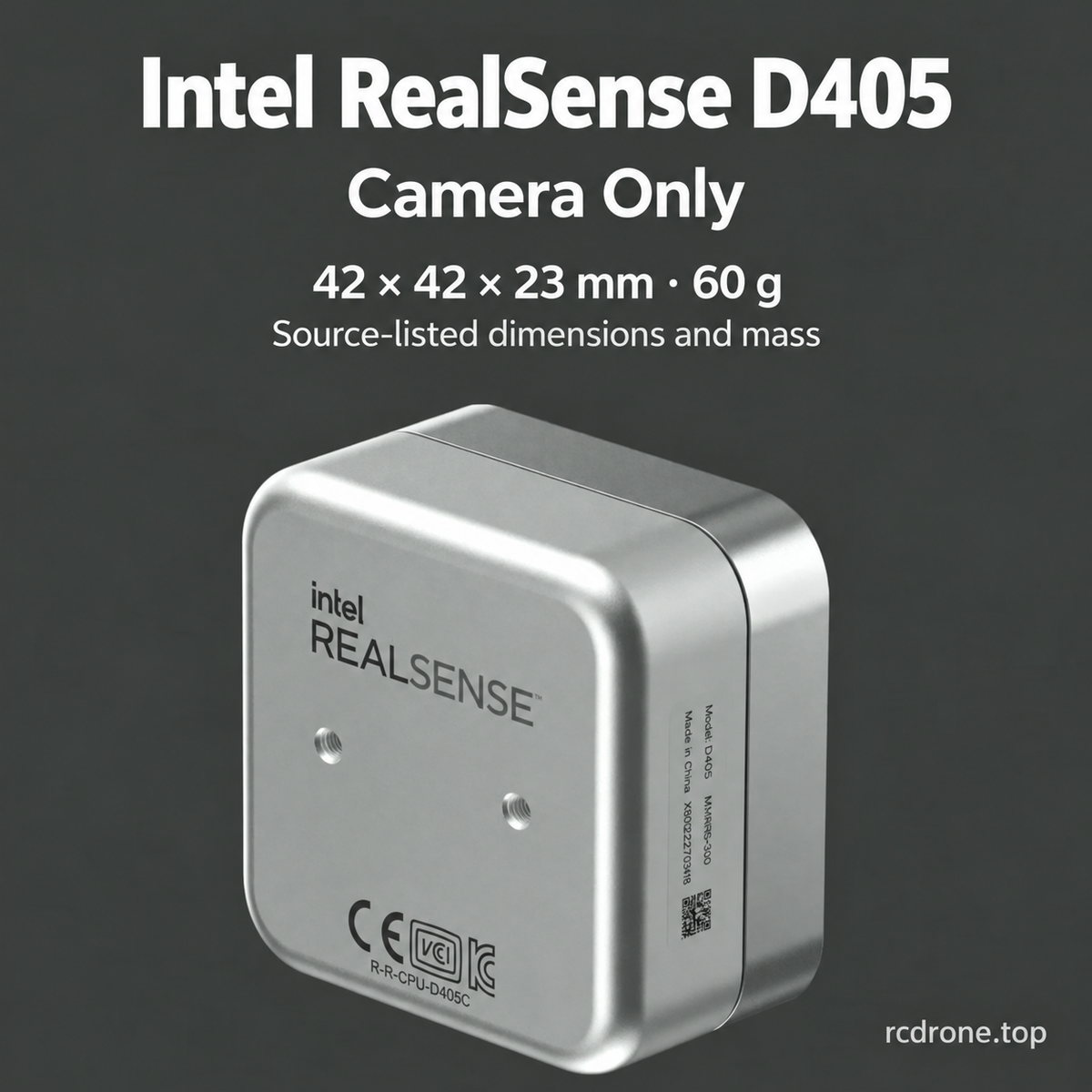 Intel RealSense D405 camera-only option; source dimensions42x42x23mm and60g