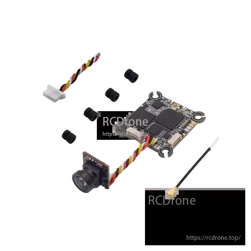 The HDZero Eco VTX is a lightweight 720p 5.8GHz digital video transmitter for micro FPV drones, including a camera and antenna.