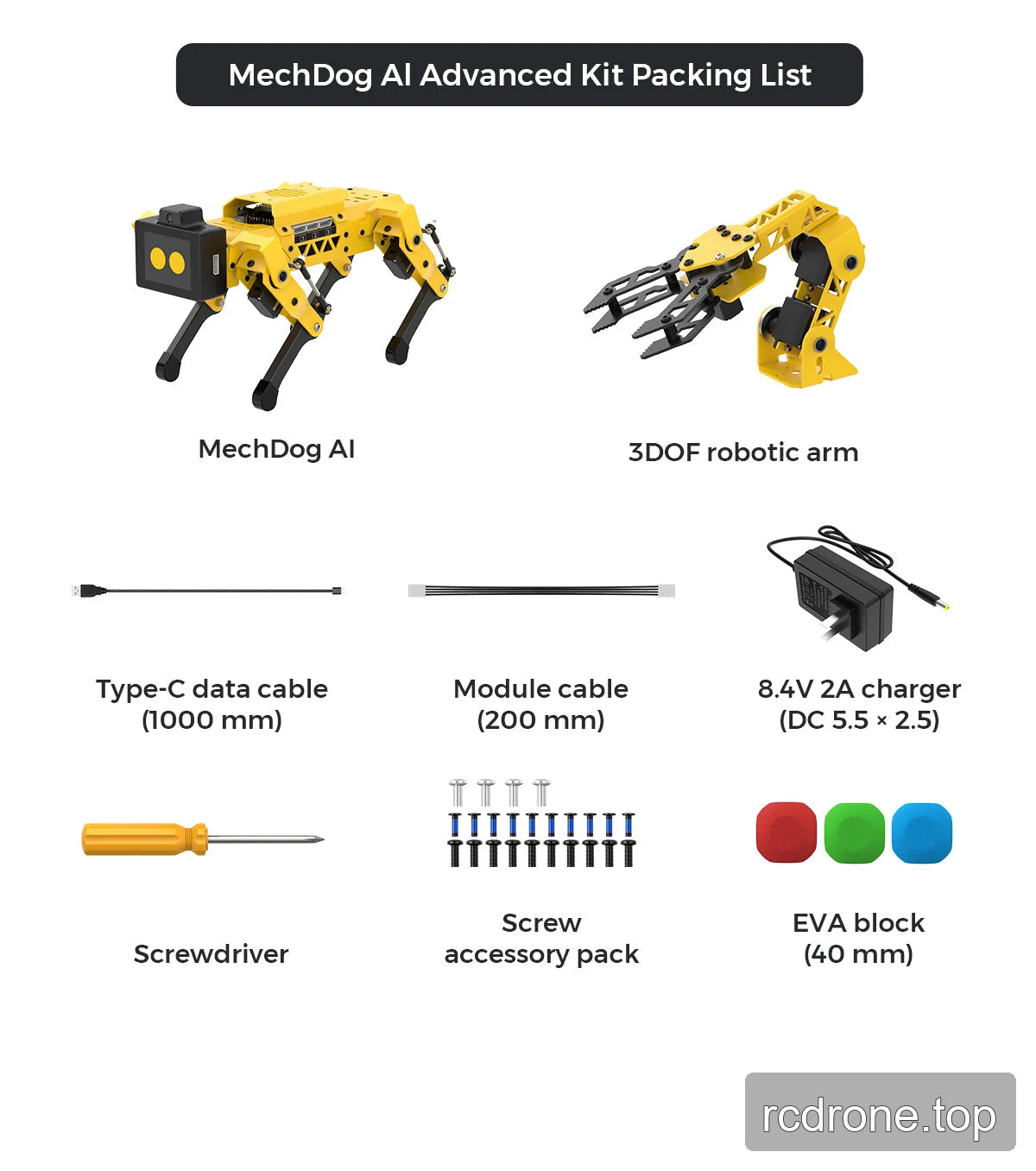 MechDog AI Advanced Kit packing contents including three-axis robotic arm