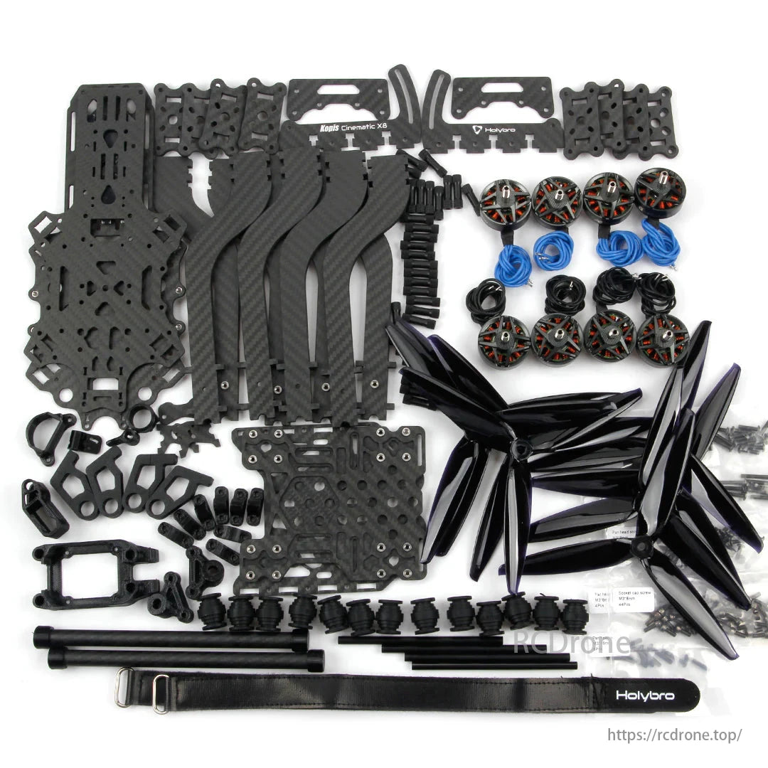 The Holybro Kopis Cinematic X8 7-inch drone kit features a carbon fiber design, adjustable mounting, 1.5kg payload, and supports DJI Air Unit for Komodo, ZCAM, and Sony A7S3.