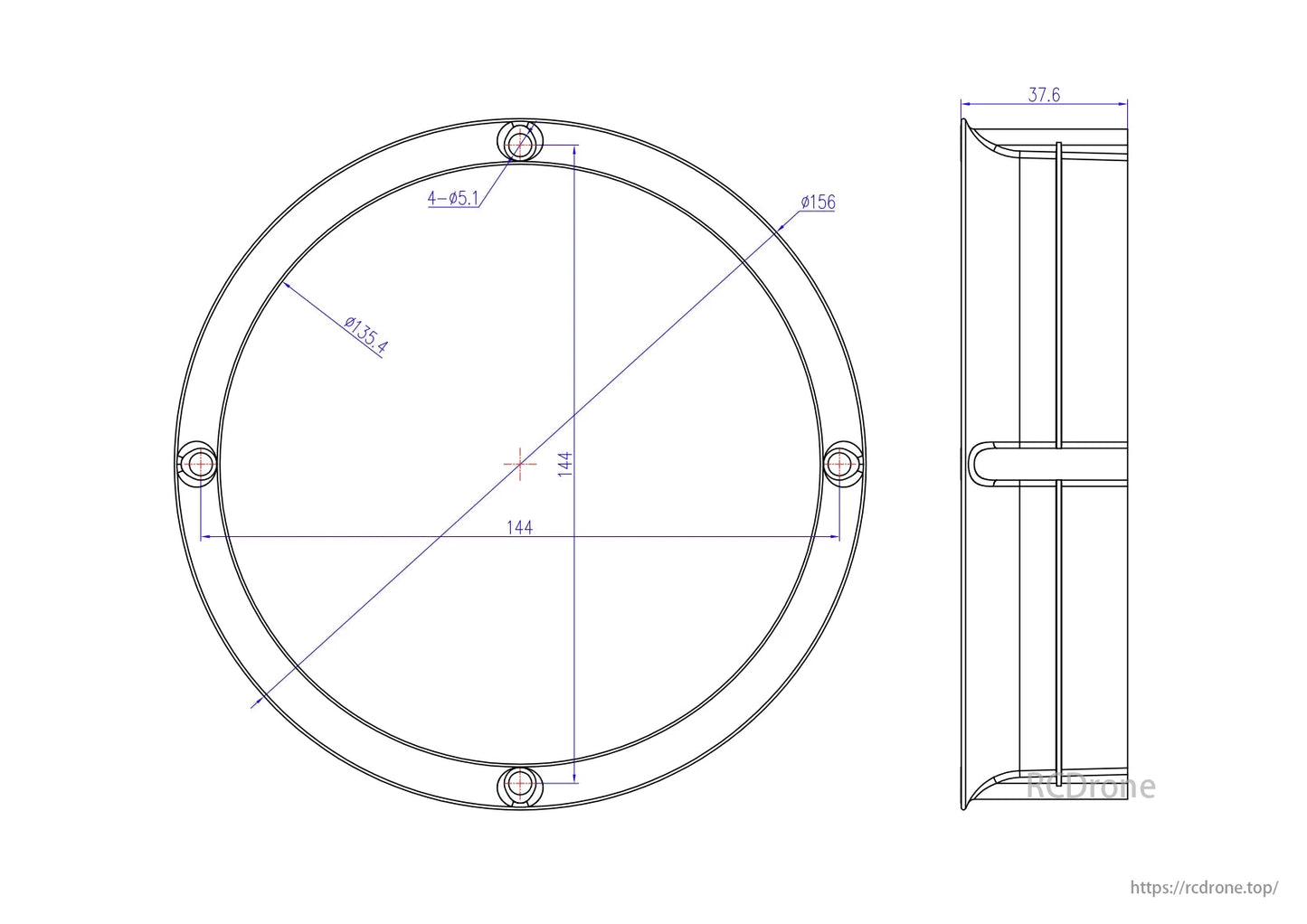 Holybro Kopis X8 Cinelifter 5-Inch Drone, Dimensions: 156mm diameter, 135.4mm inner diameter, 37.6mm height, with four evenly spaced 5.1mm holes; ideal for FPV rigs and camera setups.