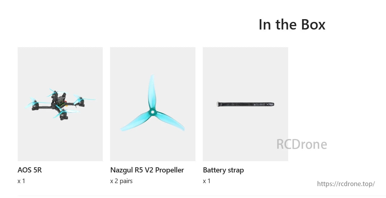AOS 5R drone box includes Nazgul R5 V2 propellers (2 pairs) and battery strap.
