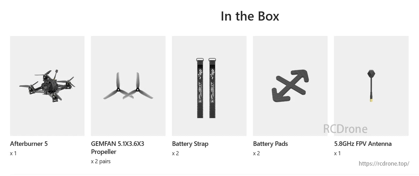 iFlight Afterburner 5 O3 6S HD 4K 5-Inch FPV, Afterburner 5 drone kit includes GEMFAN propellers, battery straps, pads, and 5.8GHz FPV antenna.