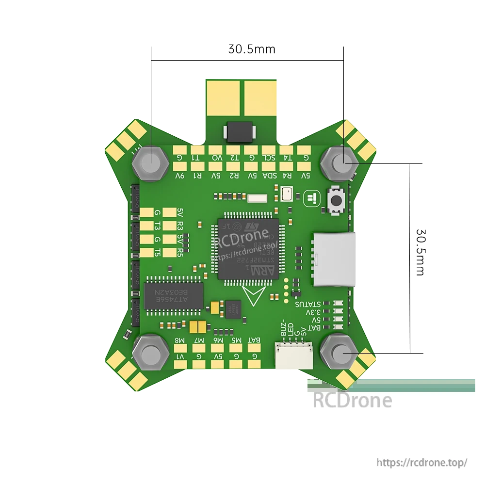 Top view of iFlight BLITZ F7 FPV flight controller board with labeled solder pads, USB port, and mounting holes.