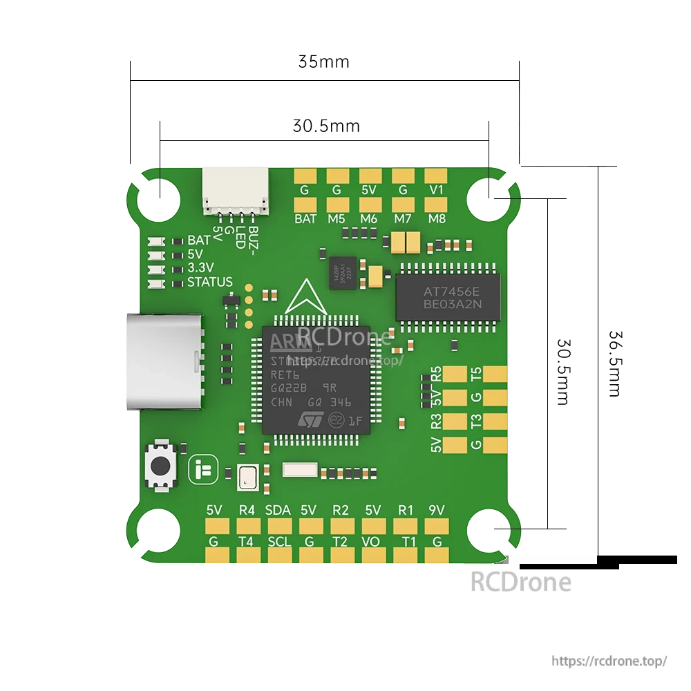iFlight BLITZ F7 V1.2 flight controller board with USB port, button, and labeled BAT/5V/3.3V solder pads