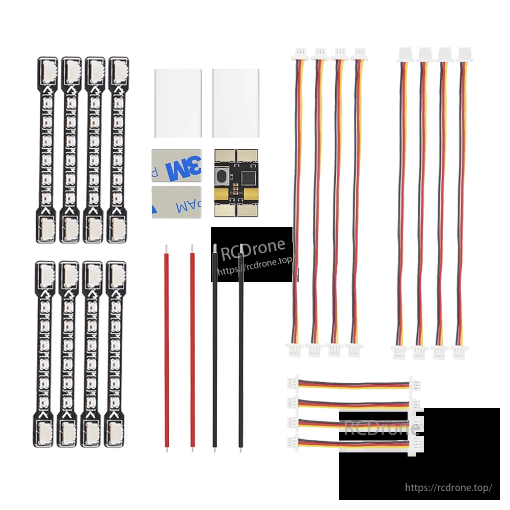 iFlight BLITZ LED control module kit with small controller board, 8 LED strips, 3-pin wiring leads, and 3M pads