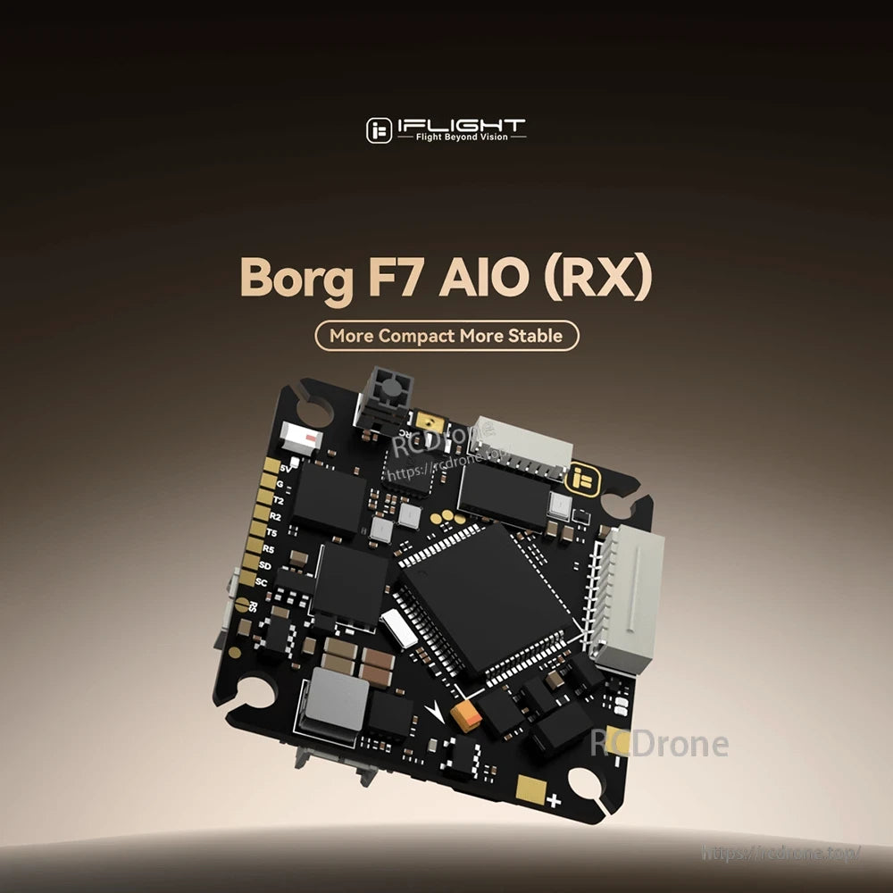 iFlight Borg F7 AIO Flight Controller, iFlight Borg F7 AIO (RX) flight controller board with labeled pads, mounting holes, and plug connectors