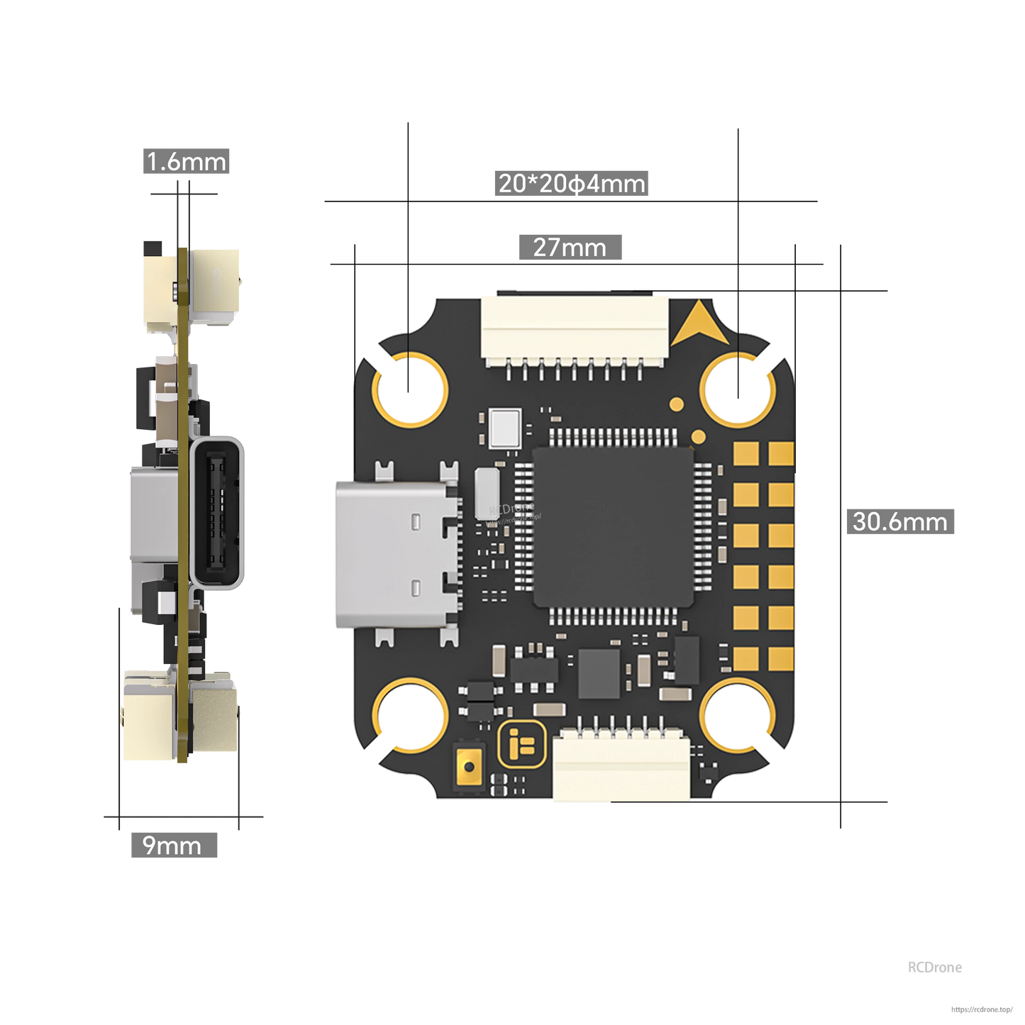 iFlight Borg Mini F7 FPV flight controller board with USB-C port and 20x20 mounting holes, dimensioned layout