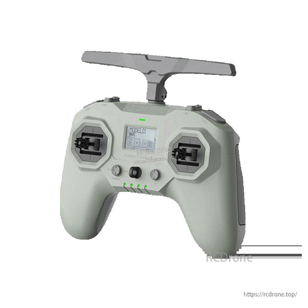 iFlight Chimera7 Pro V2 6S HD FPV, RC FPV radio transmitter with dual joysticks, top antenna, and LCD model display on a light gray body