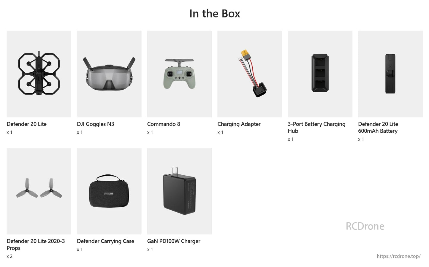 Defender 20 Lite RTF FPV drone setup includes DJI Goggles N3, Commando 8, batteries, charger, props, and case.