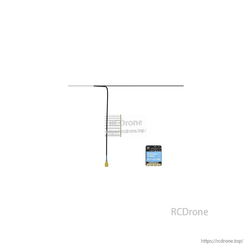 iFlight ExpressLRS ELRS Nano Receiver, iFlight ExpressLRS ELRS Nano 915MHz receiver board with antenna lead and labeled pads for RX, TX, 5V and GND