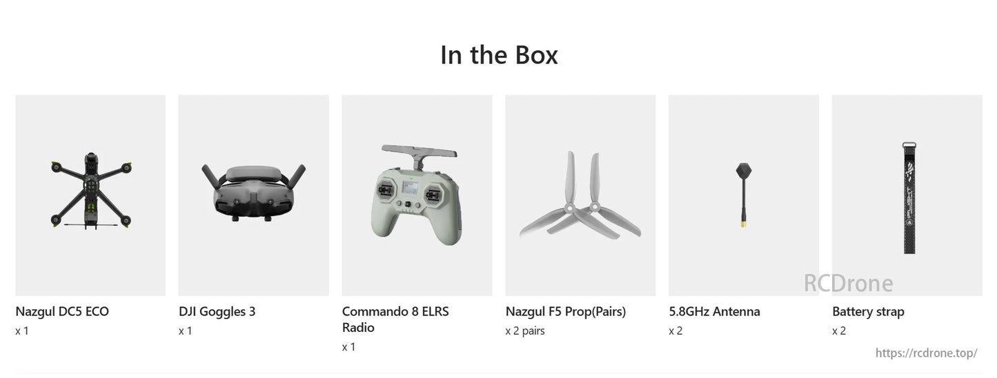 Nazgul DC5 ECO FPV drone setup includes DJI Goggles 3, Commando 8 ELRS Radio, props, antennas, and battery strap.
