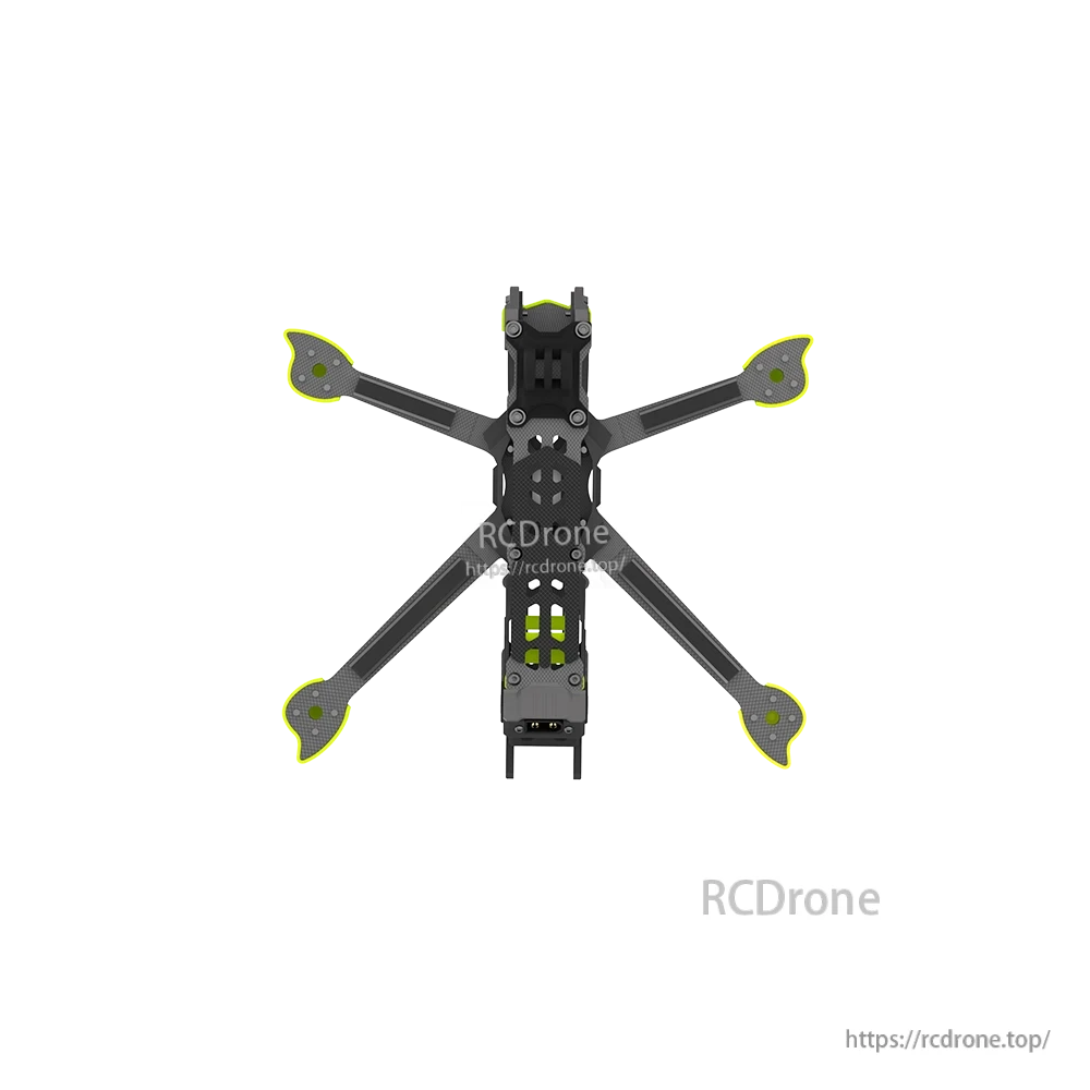 iFlight Nazgul DC5 ECO V1.1 O4 FPV Frame, Top view of iFlight Nazgul DC5 ECO V1.1 O4 FPV drone frame with carbon arms and green motor bumpers