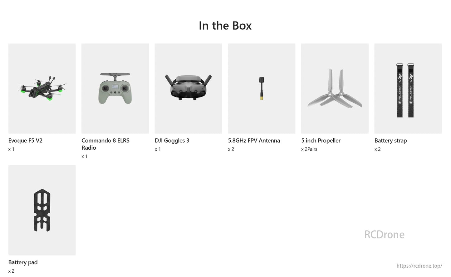 The box includes Evoque F5 V2, Commando 8 ELRS Radio, DJI Goggles 3, antennas, propellers, battery straps, and pads.