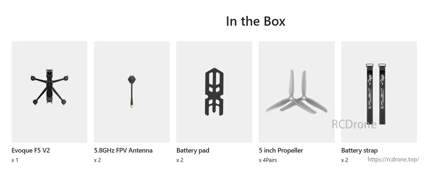The Evoque F5 V2 drone box includes 5.8GHz FPV antennas (x2), battery pads (x2), 5-inch propellers (4 pairs), and battery straps (x2).