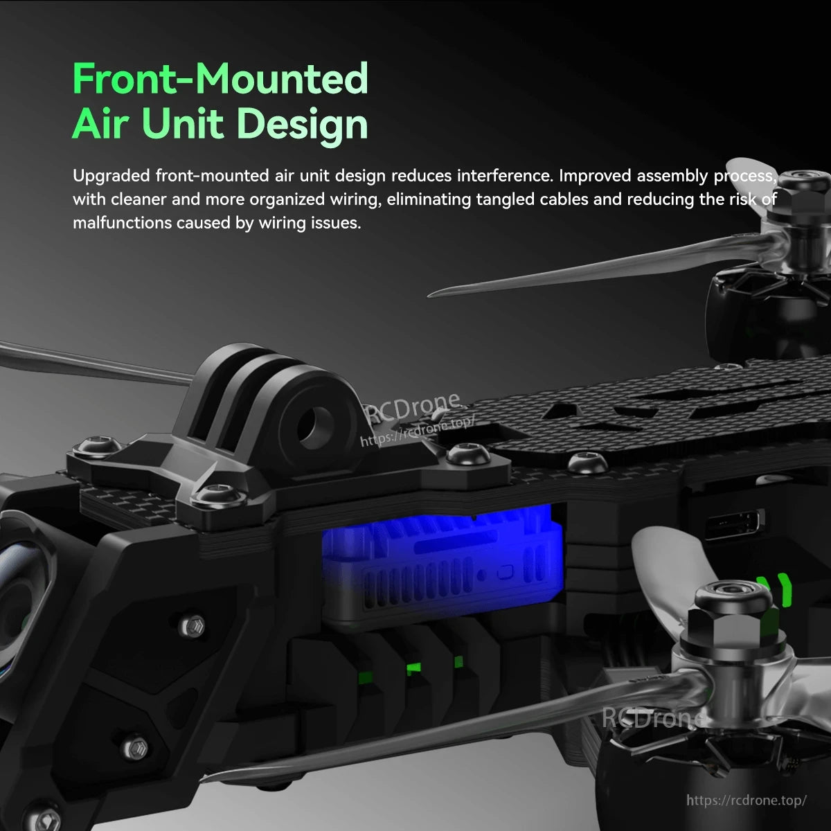 iFlight Nazgul Evoque F5 V3 O4 HD FPV, Close-up of iFlight Nazgul Evoque F5 V3 FPV drone frame with front-mounted HD air unit bay and propellers