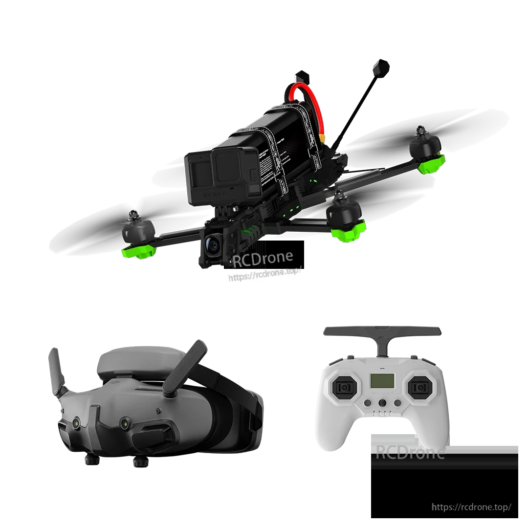 iFlight Nazgul Evoque F7 O4 6S HD FPV, iFlight Nazgul Evoque HD FPV quadcopter with top-mounted action camera, plus FPV goggles and radio controller