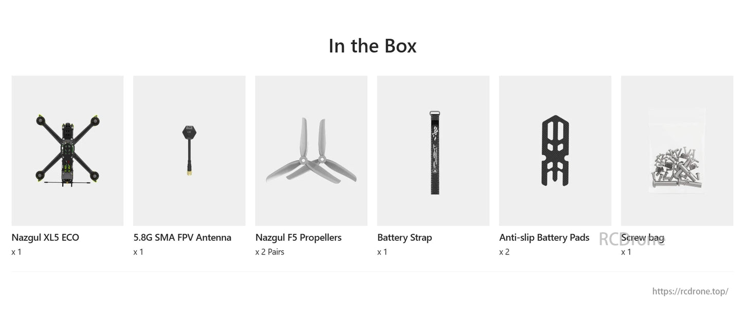 Nazgul XL5 ECO set includes 5.8G antenna, F5 propellers (2 pairs), battery strap, anti-slip pads (2), and screw bag.